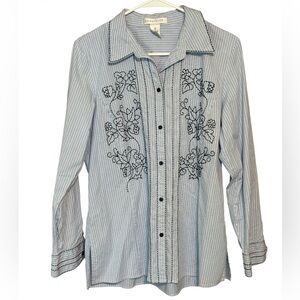 Pursuits Ltd Cotton Striped Embroidered Button Down Shirt Sz 14